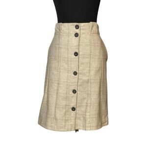 Zara Beige brown Wool Plaid Button Down Skirt size Large